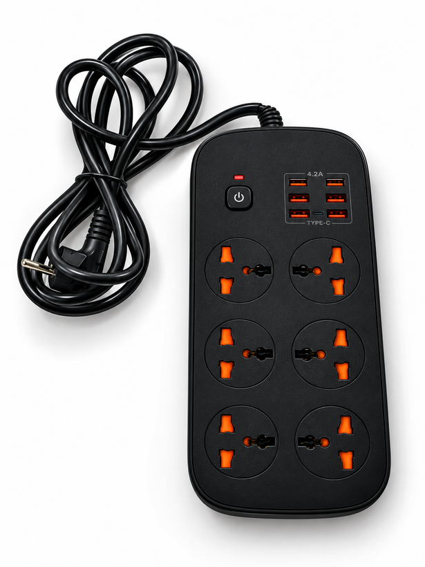 چندراهی برق ۶ پریز با ۴ USB و ۲ Type-C، توان ۳۵۰۰ وات و محافظ برق